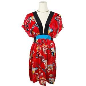 Vintage ABS Allen Schwartz Red Silk Boho V Neck Y2k Dress Medium